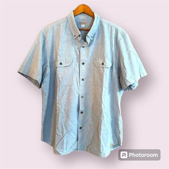 CARHARTT Relaxed Fit Short Sleeve Chambray Button Down Shirt - Picture 1 of 13